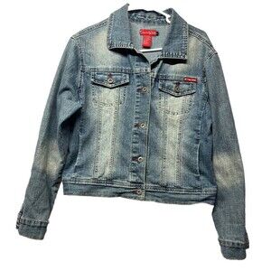 Southpole Junior Collection Jean Jacket Sz Large Women’s juniors Distressed Y2K